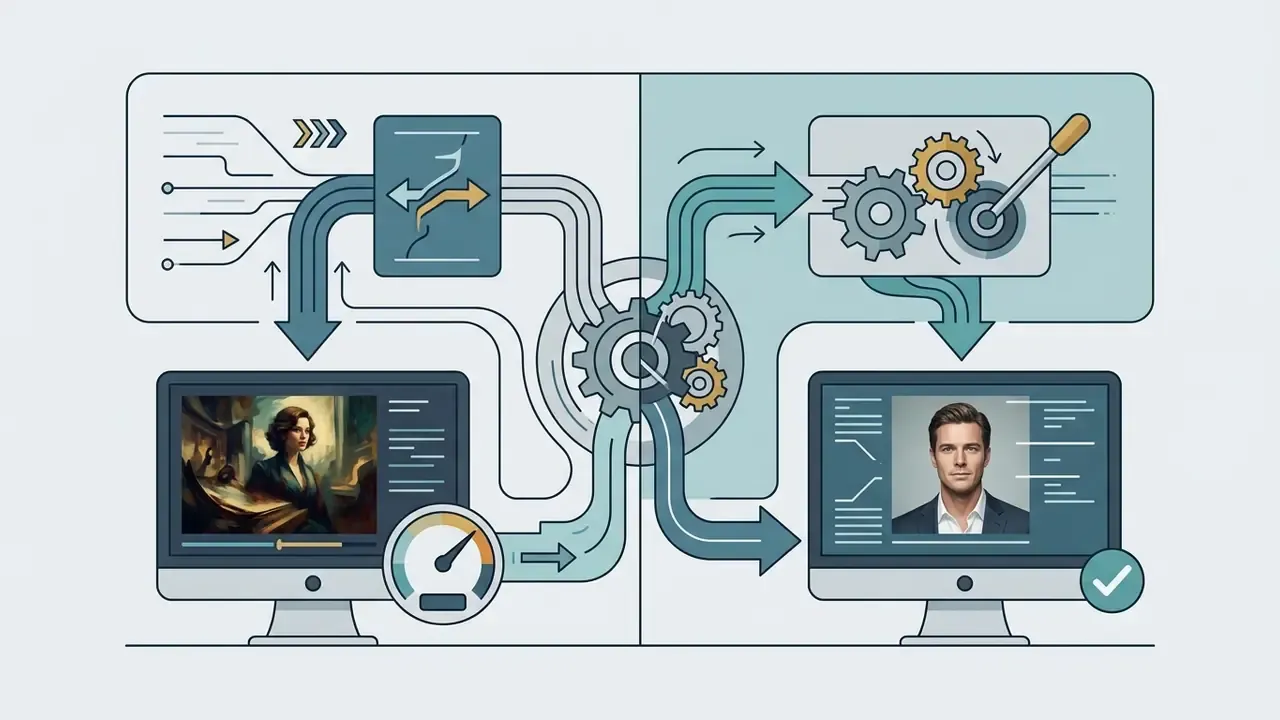 Two computer monitors showing different portrait styles connected by gears and data flow lines