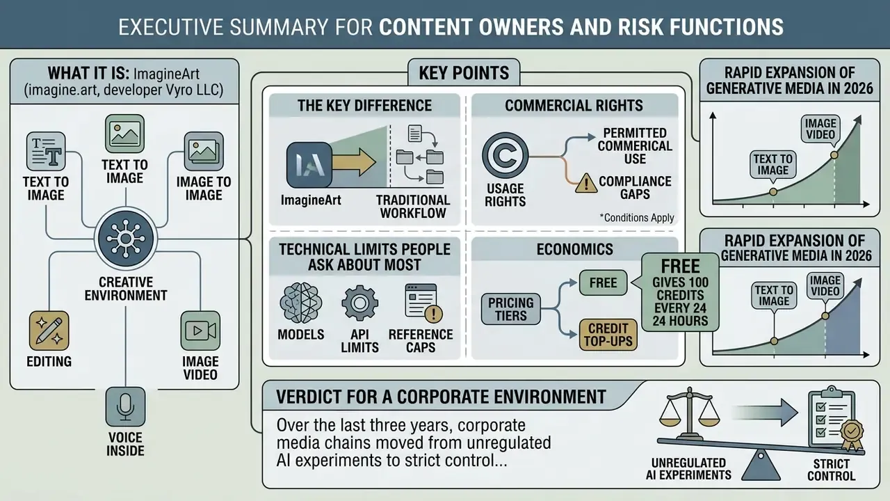 Infographic detailing ImagineArt features, commercial rights, technical limits, and corporate usage trends