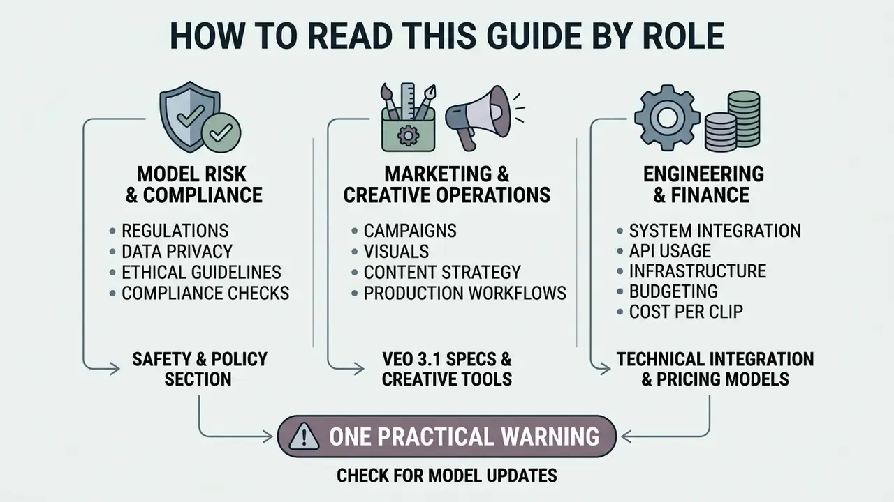 Three columns outlining guide paths for compliance, marketing, and engineering roles with a final warning