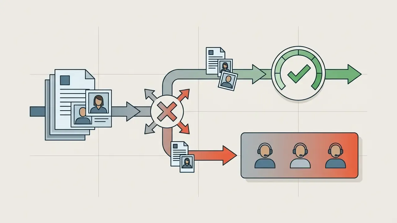 Routing path showing documents and photos moving toward either automated validation or manual review