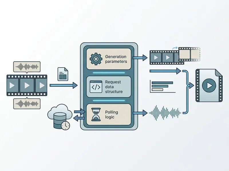 Workflow diagram showing API data processing for video generation and audio restoration tasks