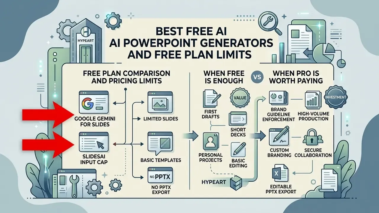 Comparison infographic showing free plan limits versus professional features for AI PowerPoint generators