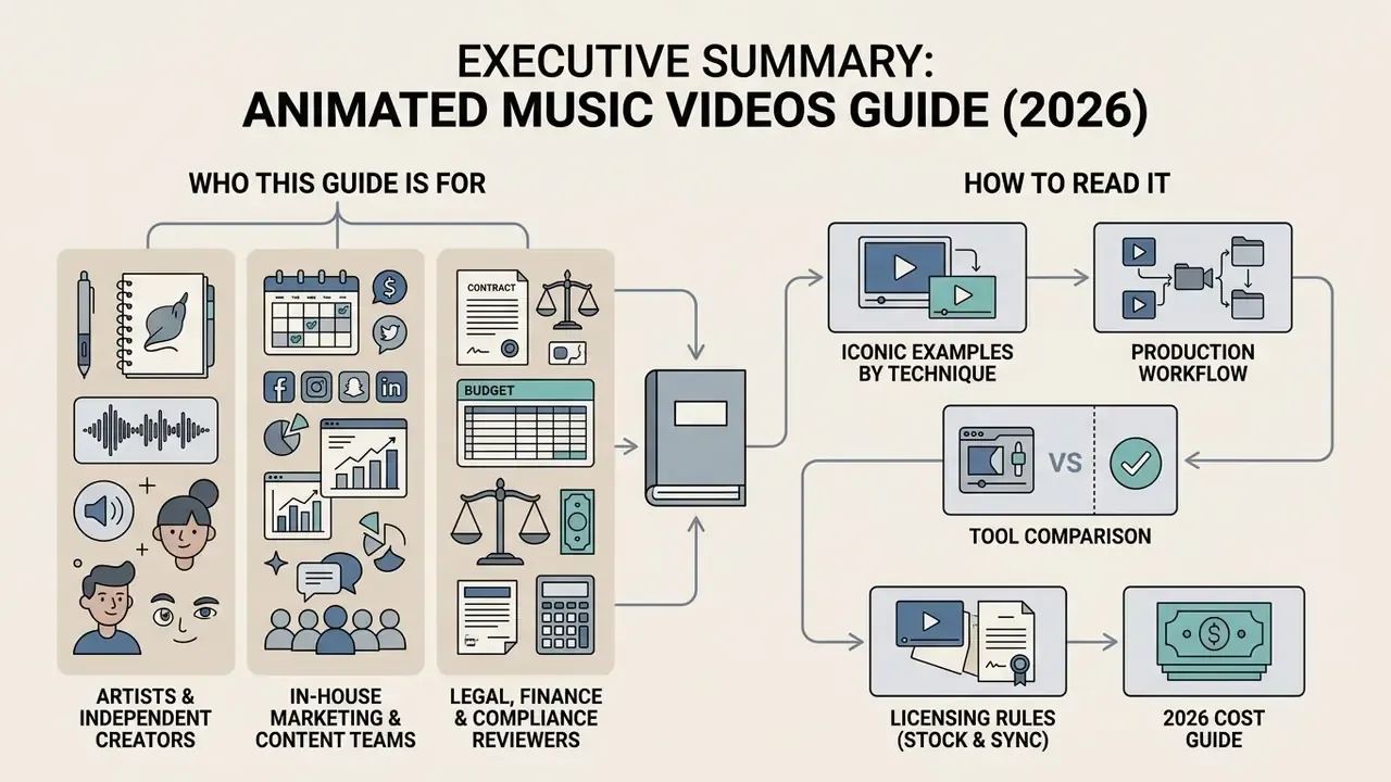 Flowchart showing target audiences and the step-by-step reading process for an animated music videos guide
