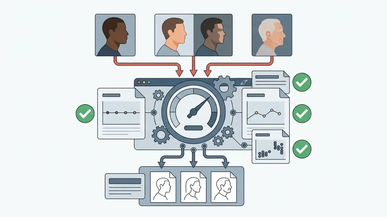Diverse portraits feeding into a central processing unit with performance gauges and output data reports