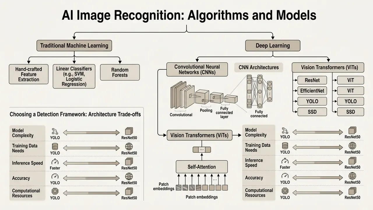 Flowchart comparing traditional machine learning methods with deep learning architectures and trade-offs