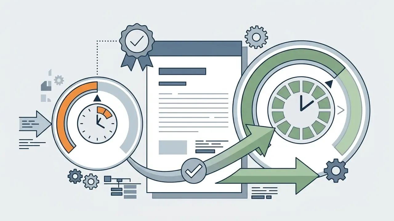 Document icon flanked by two circular clock gauges with arrows indicating time and status progression