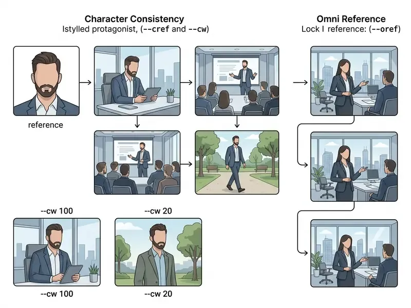 Diagram showing how character reference and oref parameters maintain visual consistency across scenes