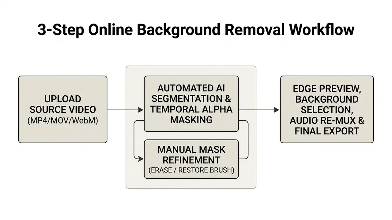Diagram showing the progression from video upload to AI segmentation and final export of the edited file