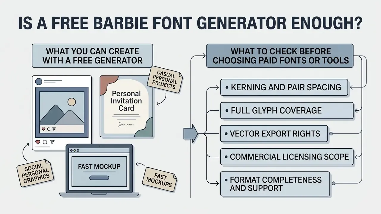 Infographic comparing creative use cases for free tools against essential checklist items for paid fonts