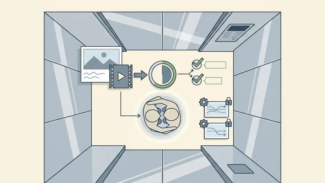 Elevator scene showing an ai kissing generator processing photo inputs into a couple video sequence