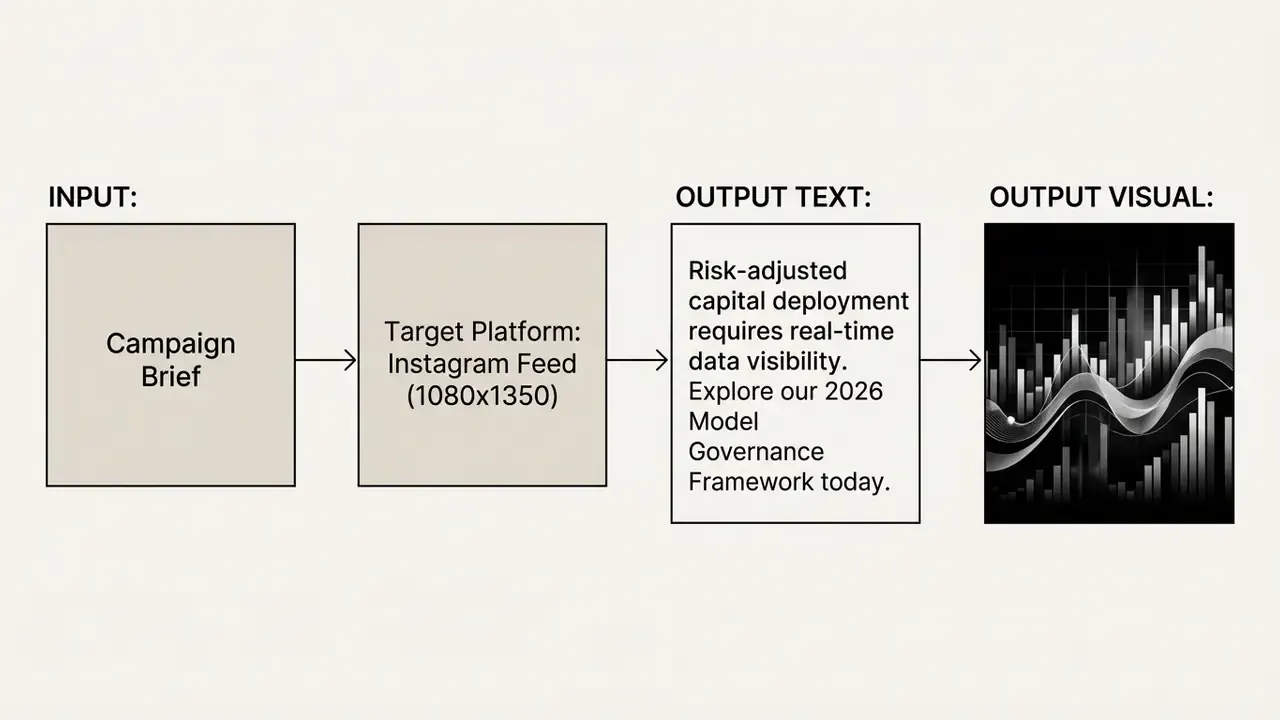 Linear progression from campaign brief and platform specs to generated text and abstract data visualization