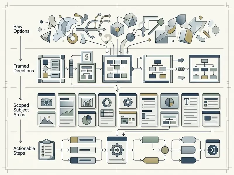 Diagram showing an AI idea generator refining raw options into structured and actionable project steps