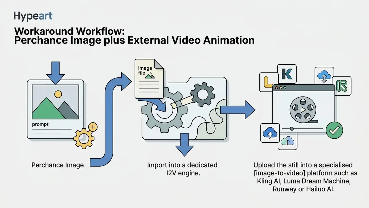 Steps showing an image being processed through a gear mechanism and uploaded to an animation platform