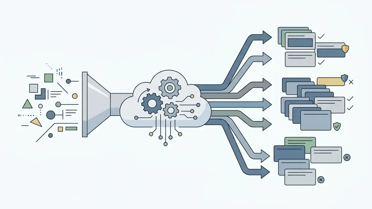 Abstract shapes entering a funnel and cloud processor to generate multiple categorized name results