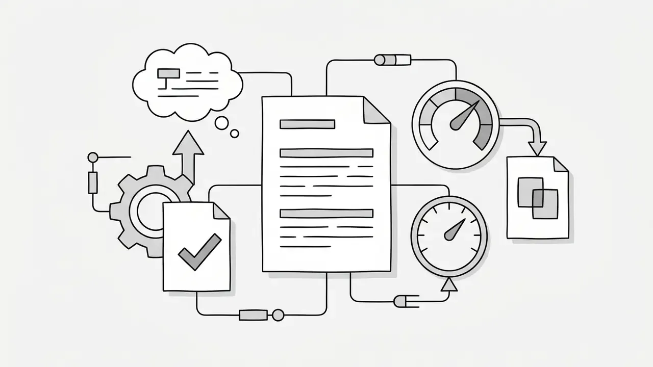 Line art showing a document connected to gauges, a gear, and a thought bubble for image style adjustments