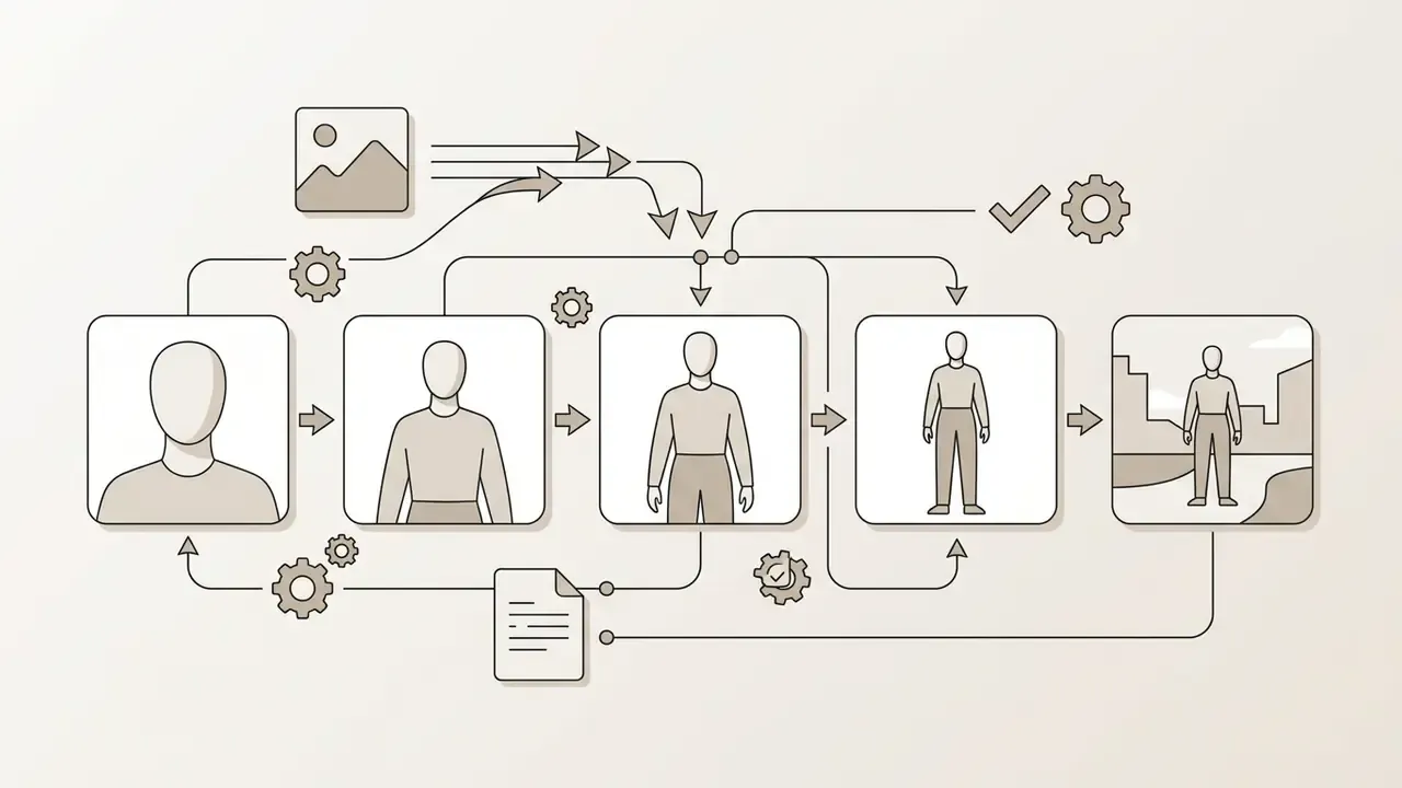Sequence of character framing options connected by gears and arrows to show progressive image generation