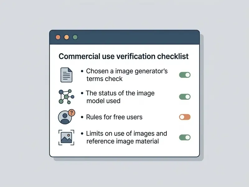 List of four mandatory checks for commercial image use featuring toggle switches for each item