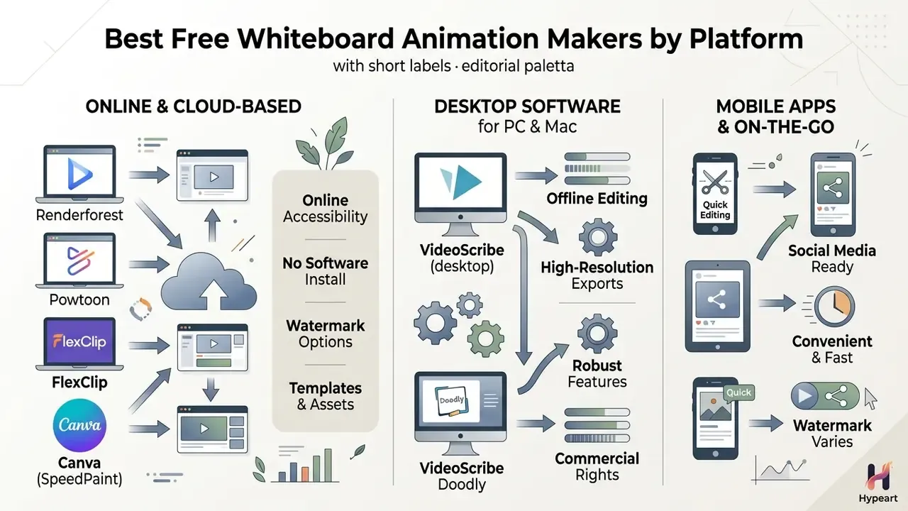 Comparison of whiteboard animation free tools categorized by cloud, desktop, and mobile platforms
