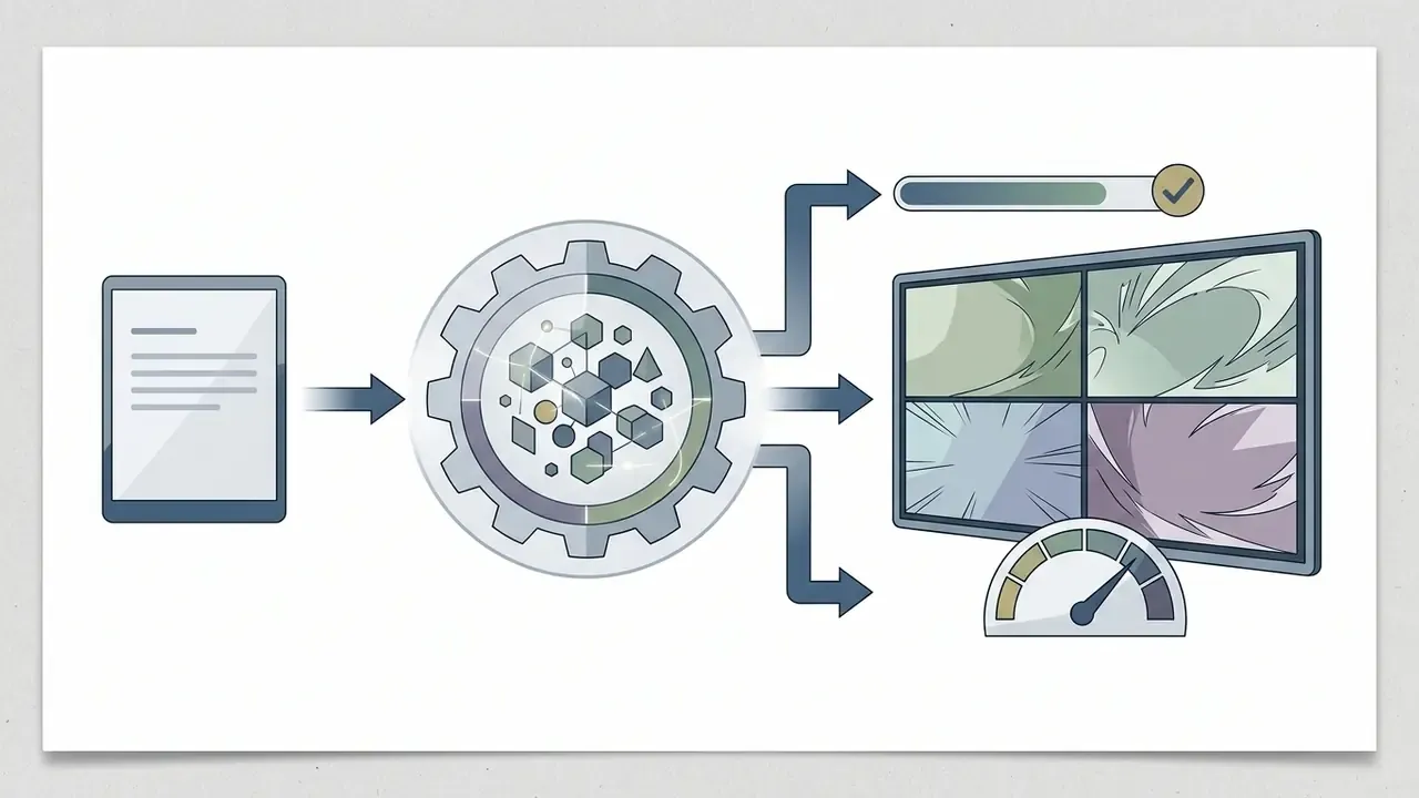 Text input converting into animated video frames through a central processing gear mechanism