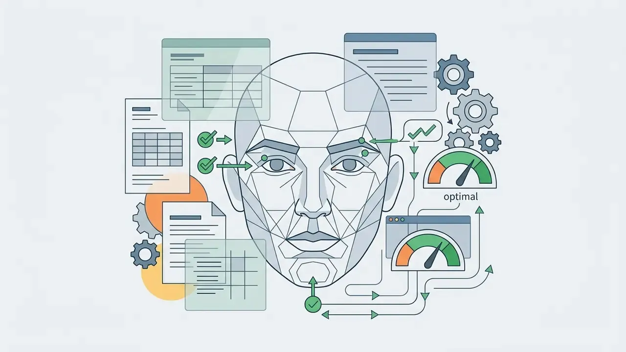 Wireframe face model surrounded by document icons, gears, and gauges indicating optimal facial alignment