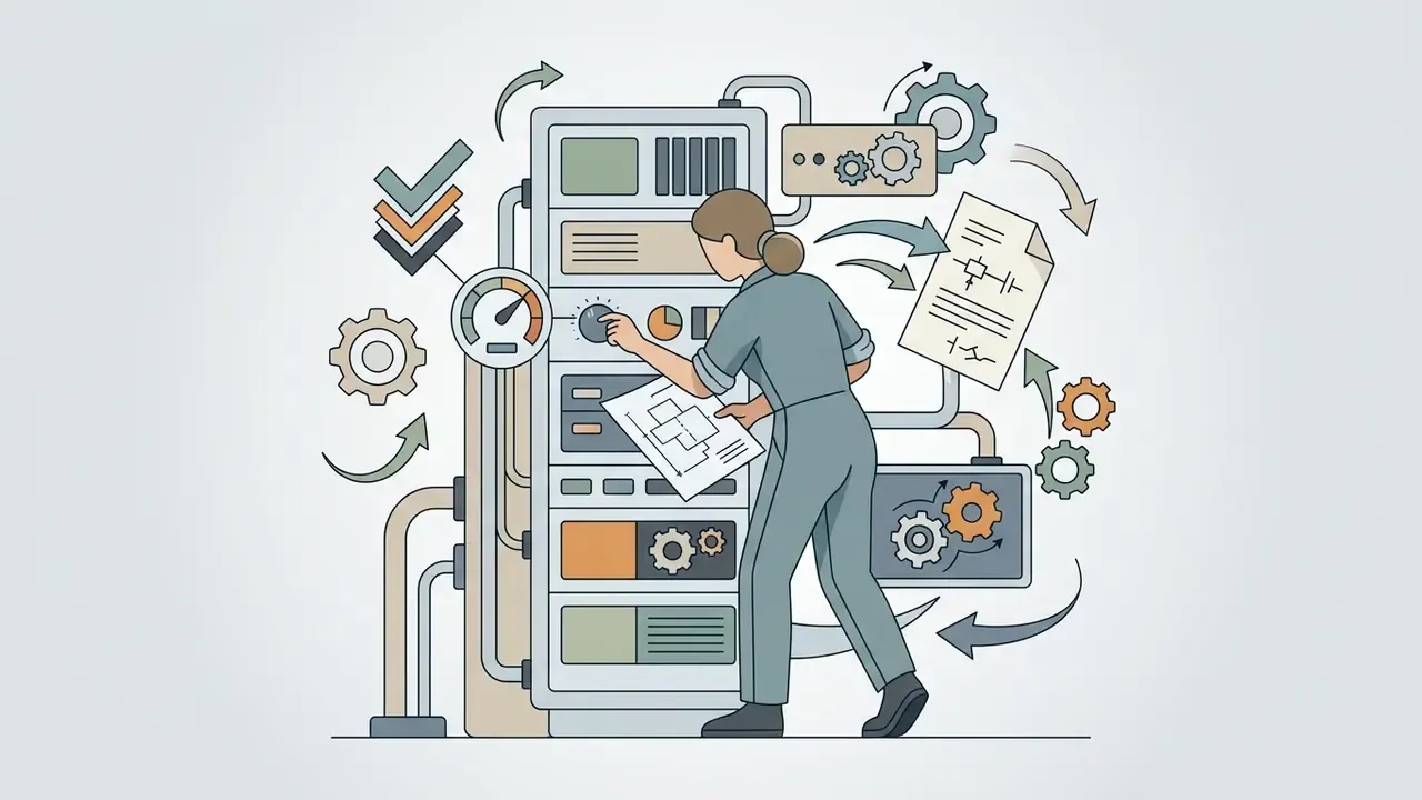 Technician adjusting a control panel surrounded by mechanical gears and technical documentation