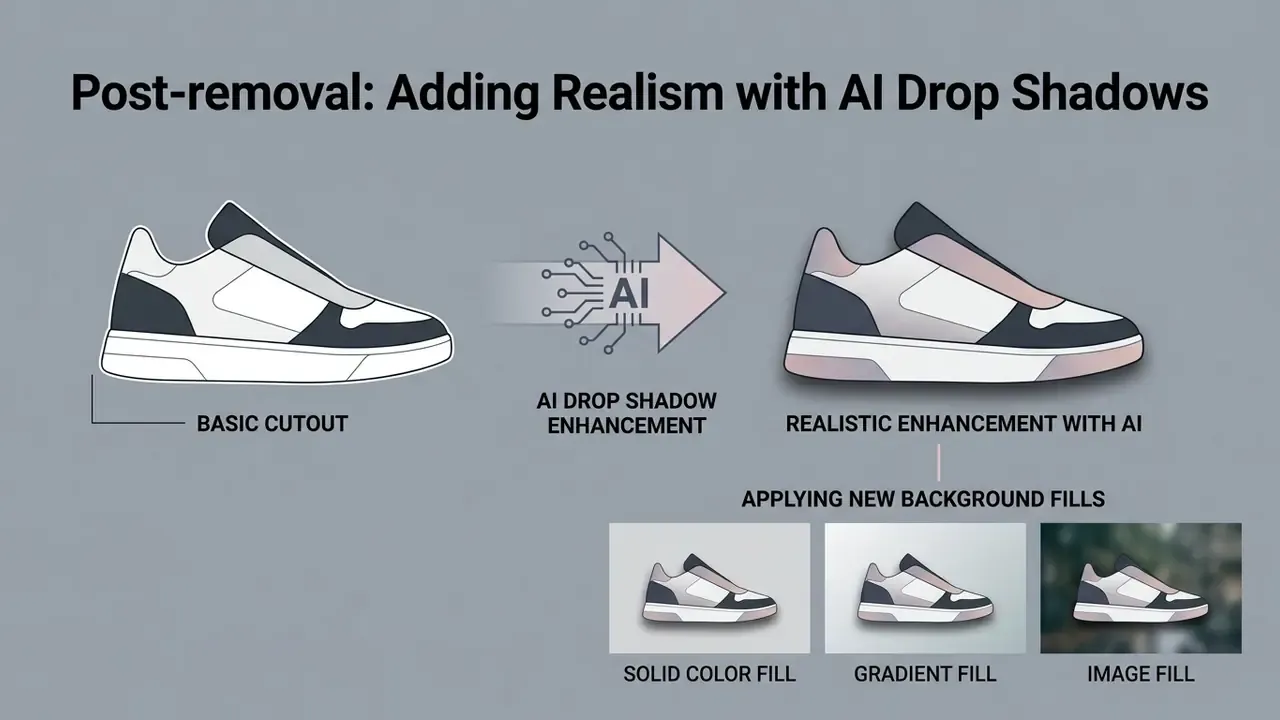 Diagram showing a sneaker cutout transformed by AI drop shadows and placed on various background fills