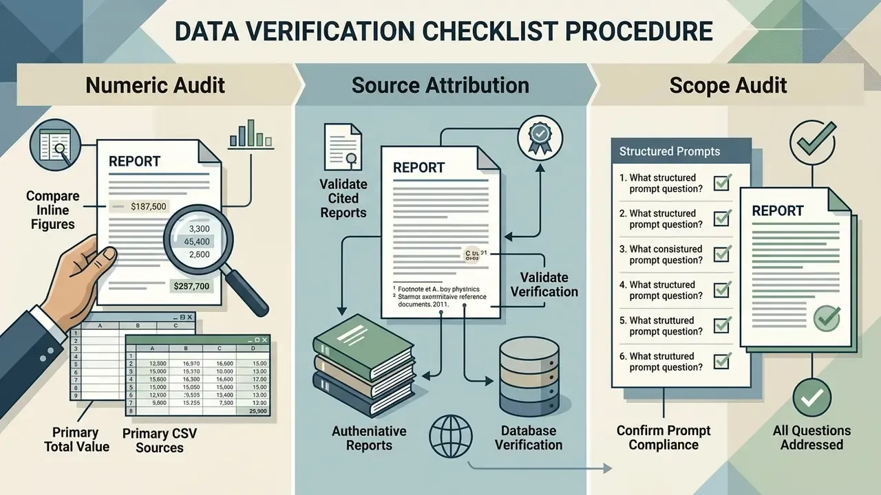 Workflow steps for numeric audit, source attribution, and scope compliance in document verification