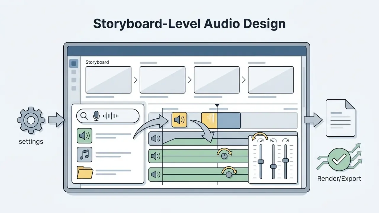 Interface showing audio search and drag-and-drop placement within a storyboard editing timeline