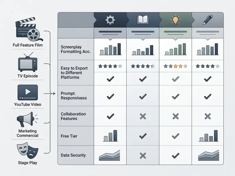 Comparison table evaluating various screenwriting software features across different project types