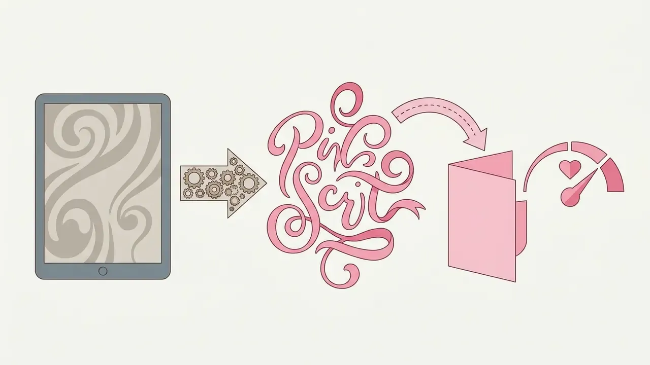 Tablet device, arrow with gears, pink script text, greeting card icon, and a heart-shaped gauge