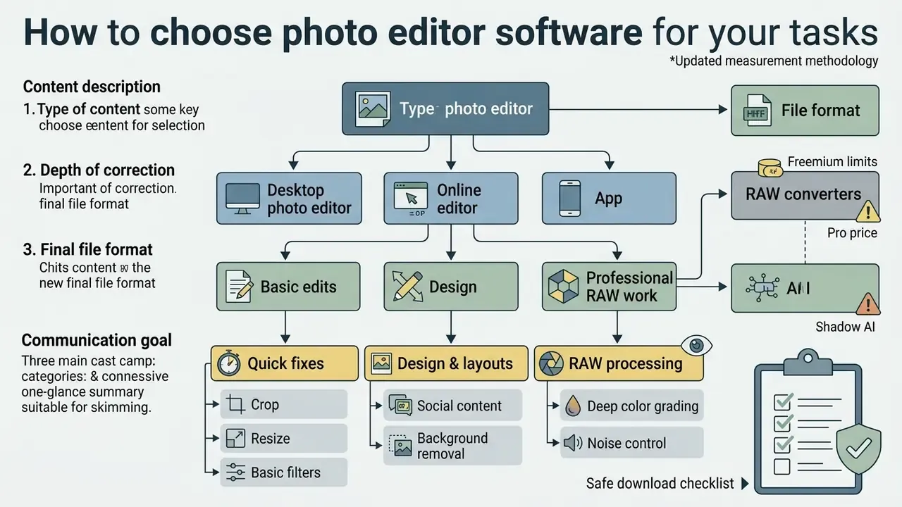 Flowchart displaying criteria for selecting photo editor software based on user goals and technical needs