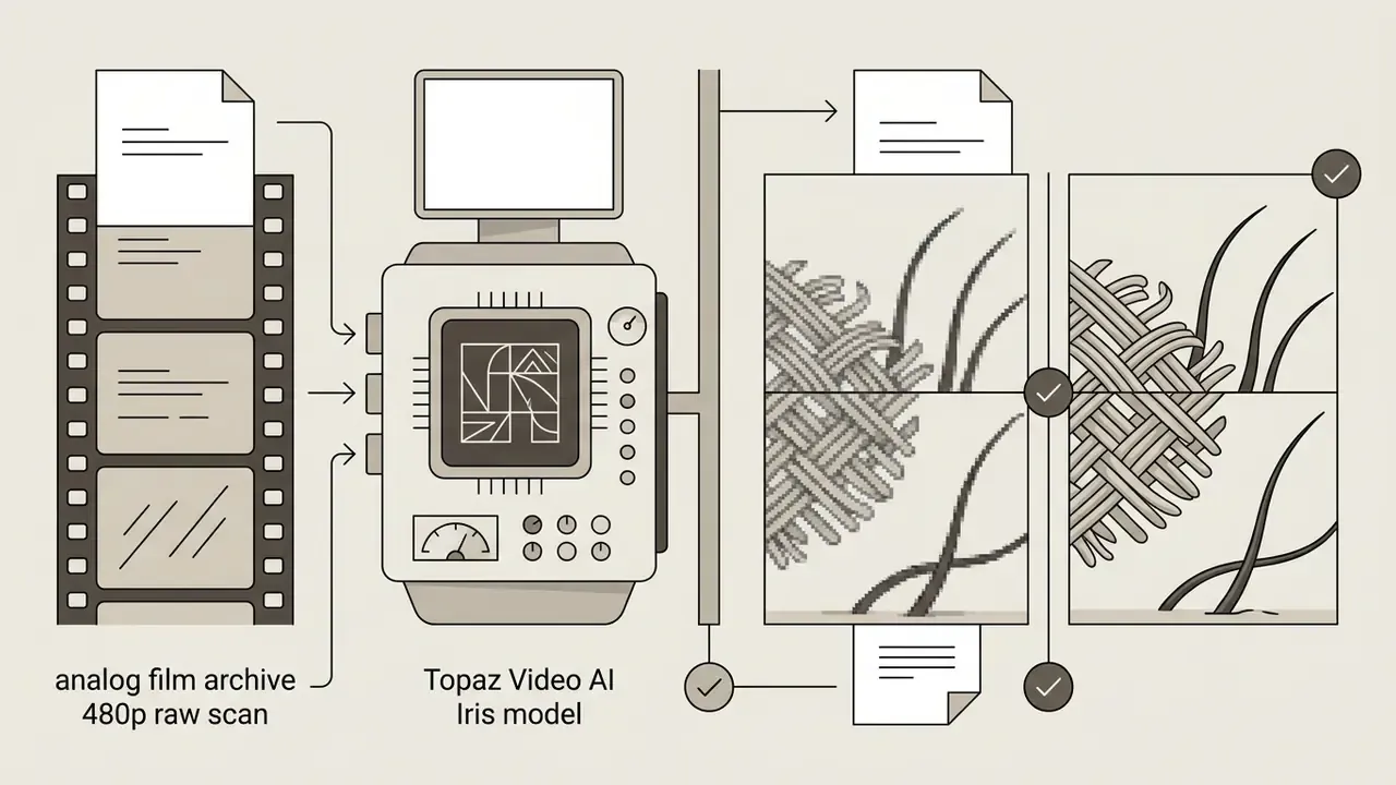 Diagram showing 480p analog film being processed by Topaz Video AI to restore fine textile and hair detail