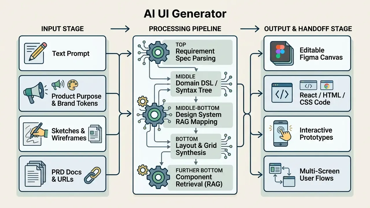 Flowchart showing an AI UI generator workflow from input prompts to processing and final design handoff