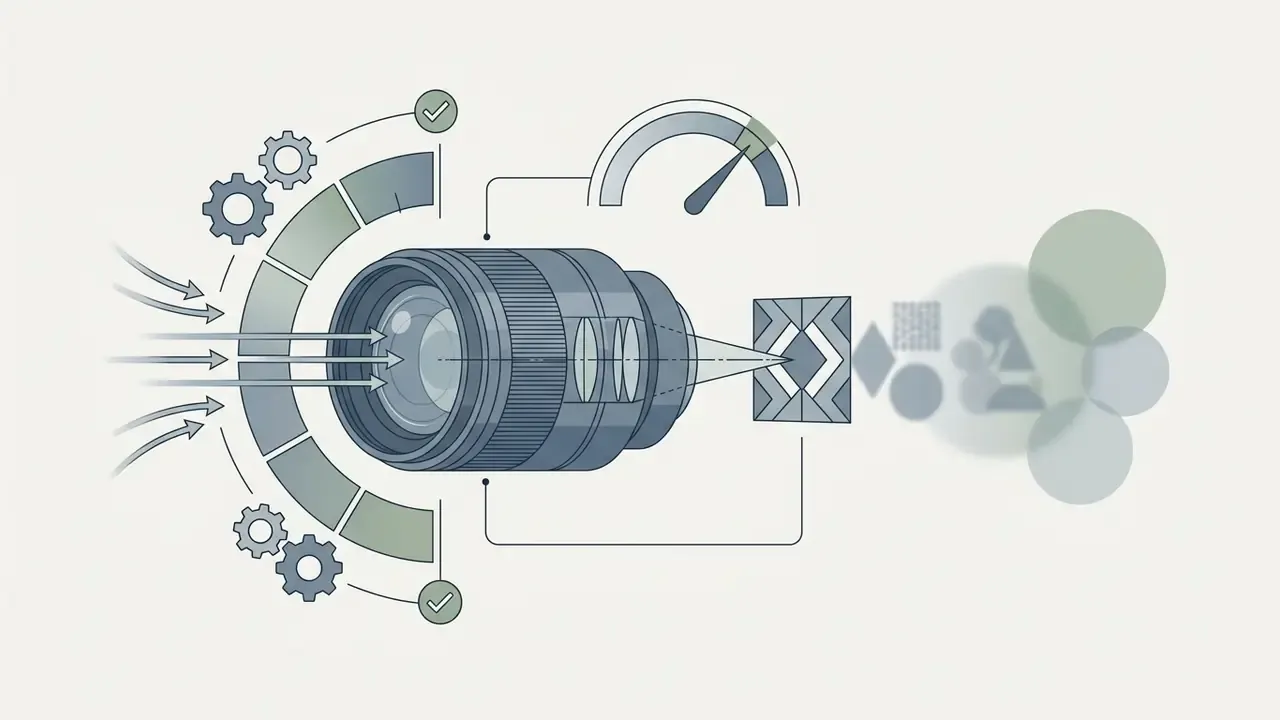 Camera lens processing data streams into geometric shapes and abstract icons with a speed gauge