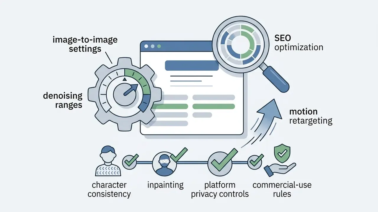 Gear and magnifying glass icons surrounding a browser window with labeled technical processing steps