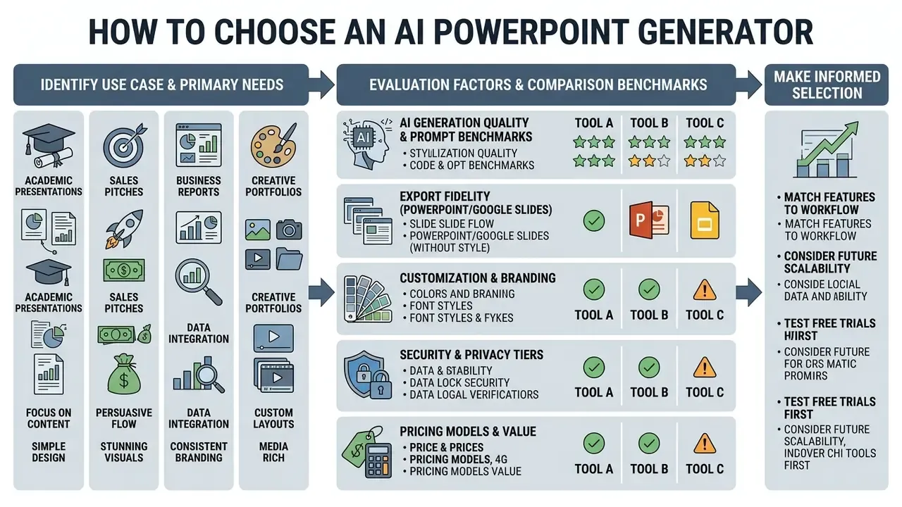 Decision matrix mapping business use cases to AI presentation tool evaluation factors and benchmarks