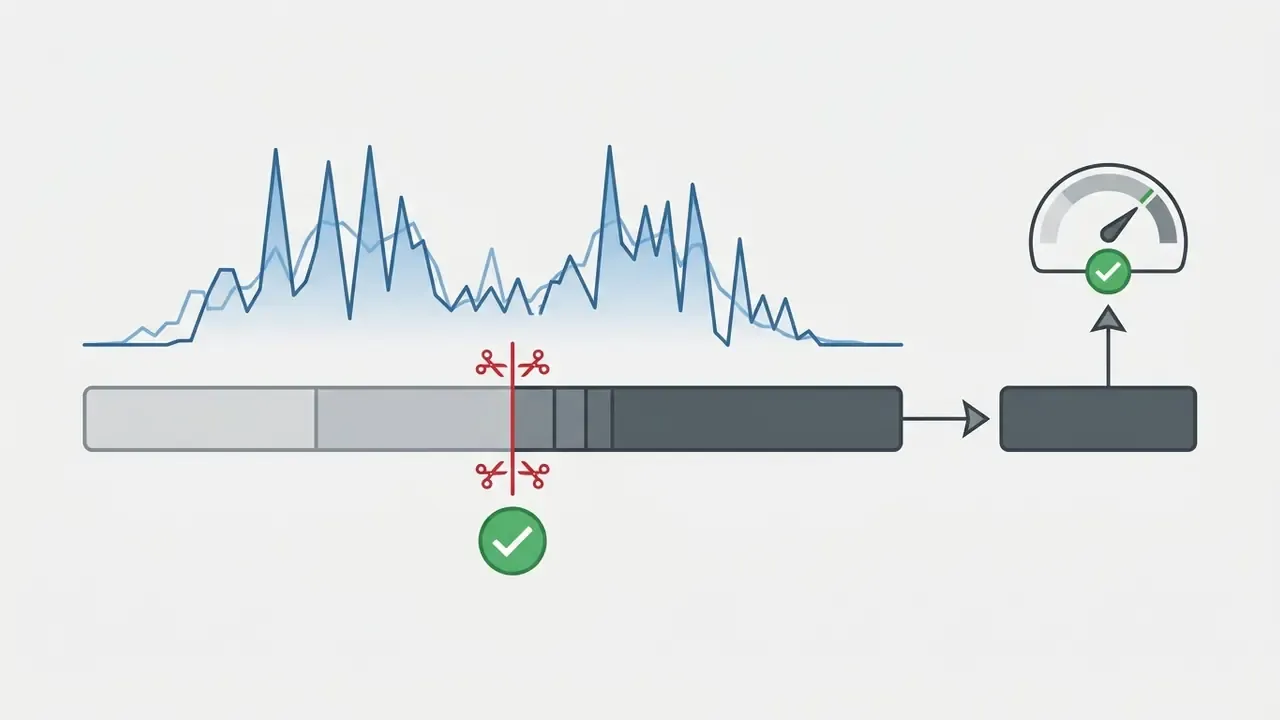 Audio waveform showing a precise cut at a boundary to remove silence and improve video pacing