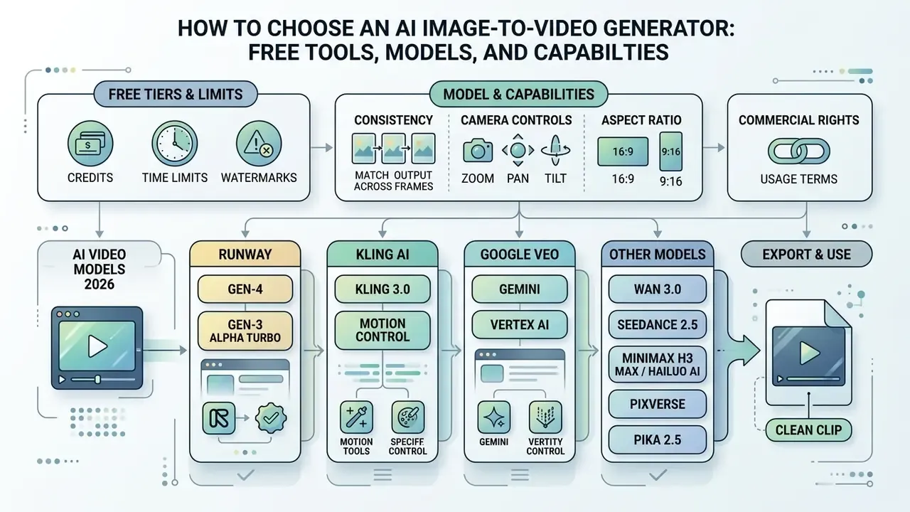 Comparative diagram outlining criteria for selecting AI video generators and listing top industry models