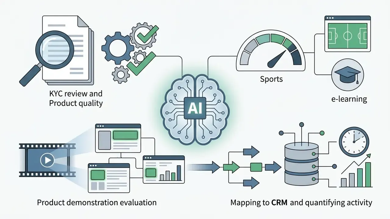 AI brain model connecting document analysis, sports metrics, e-learning, and software demo tracking