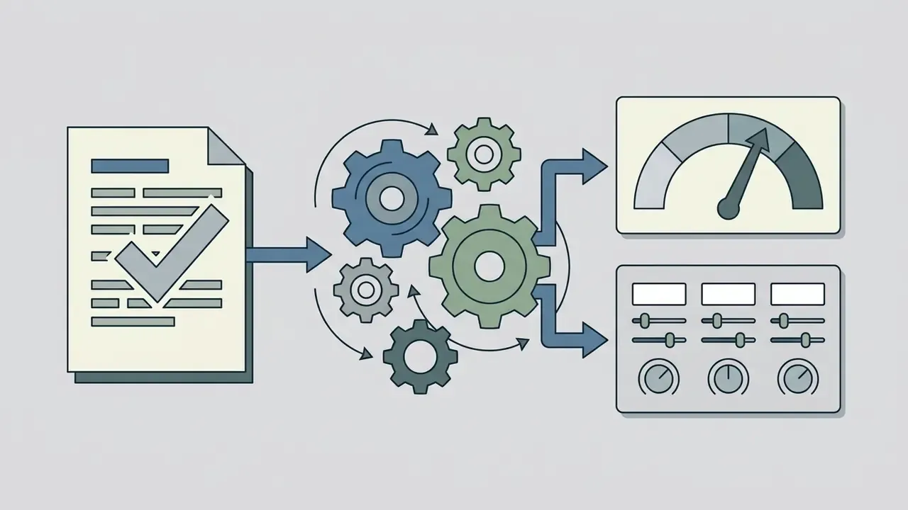 Document with a checkmark feeding into gears that adjust a gauge and a control panel with sliders