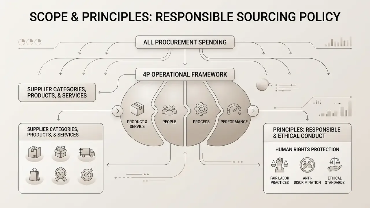 Flowchart detailing the 4P operational framework for procurement spending and ethical business conduct