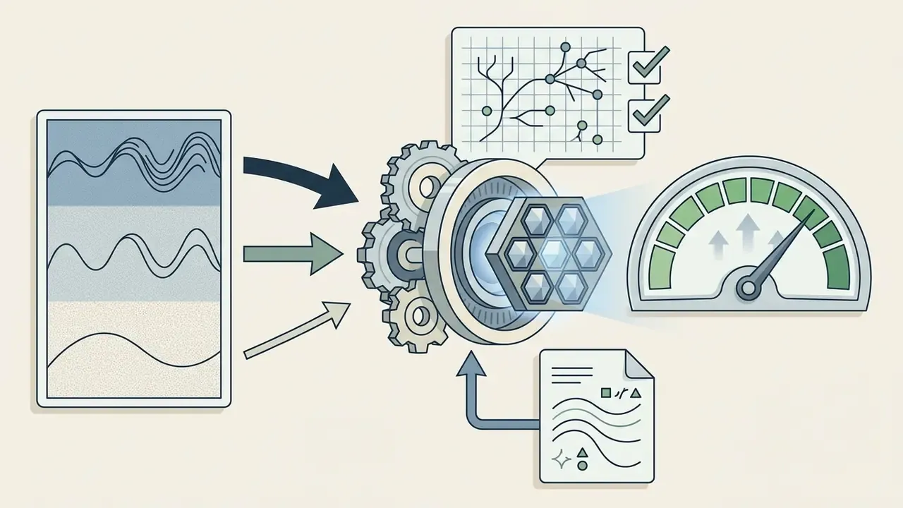 Wave patterns feeding into a mechanical gear system that processes data toward a high resolution gauge