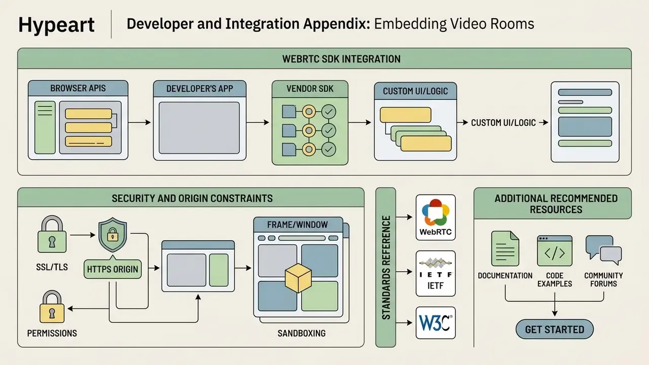 Infographic showing WebRTC SDK integration steps, security constraints, standards, and help resources
