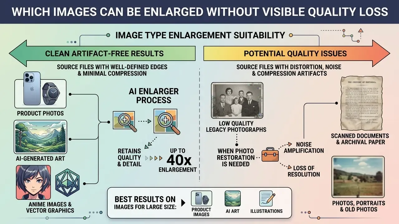 Infographic showing which image types work best with an AI image enlarger for high quality results