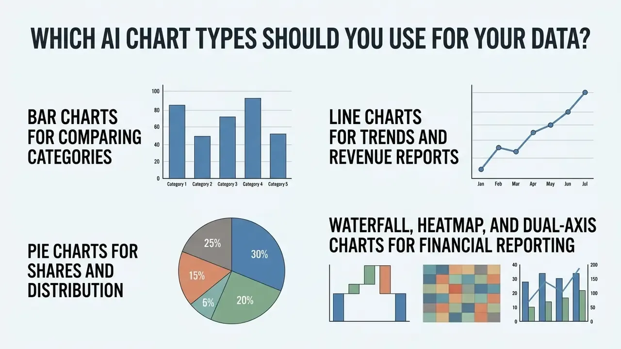 Infographic displaying bar, line, pie, waterfall, heatmap, and dual-axis chart examples for data analysis