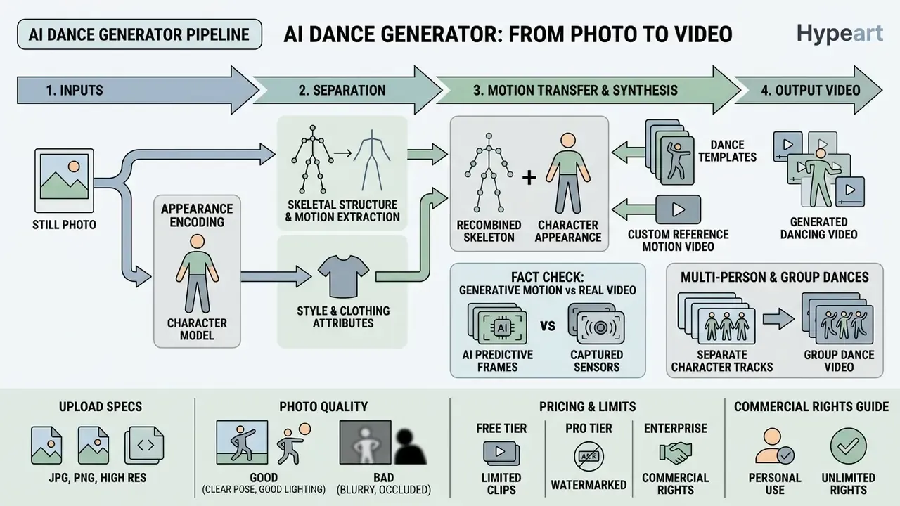 Infographic showing the four steps of an AI dance generator pipeline from photo input to video output