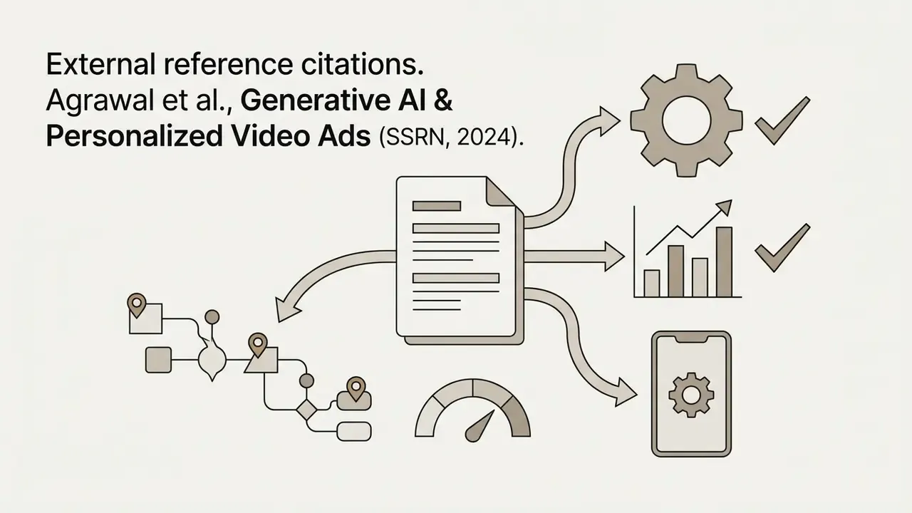 Document icon connected to a gear, a bar chart, and a mobile device with a speedometer below