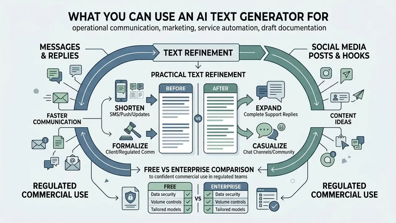Diagram illustrating text refinement workflows for communication, marketing, and enterprise use cases
