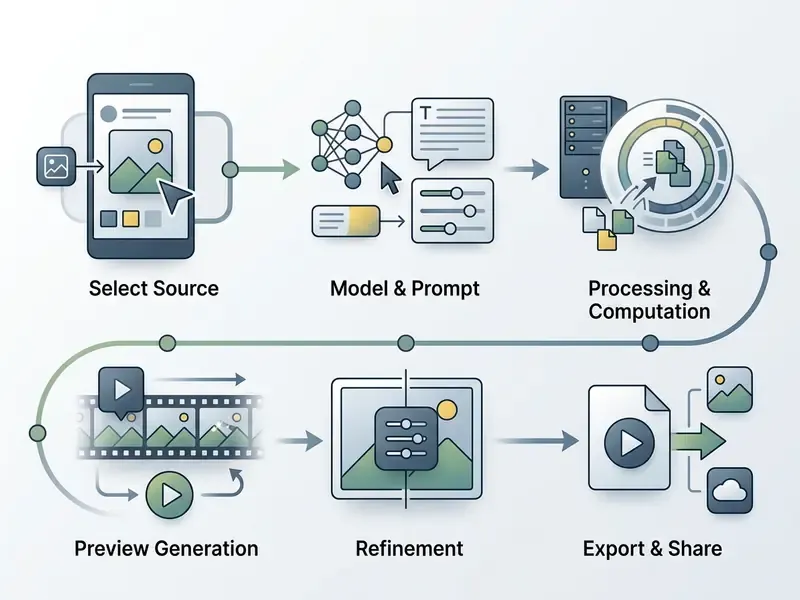 Linear process icons showing steps from mobile image selection to final video export and sharing