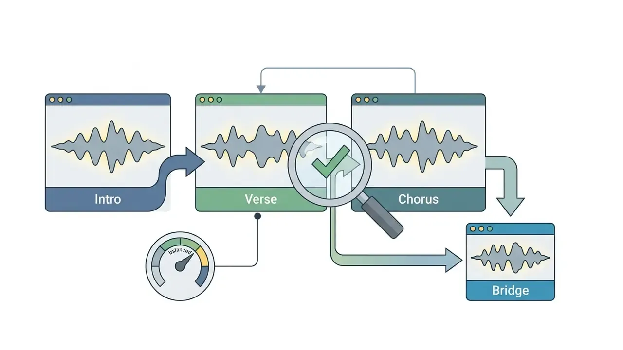 Audio track segments connected by arrows with a magnifying glass checking for vocal consistency